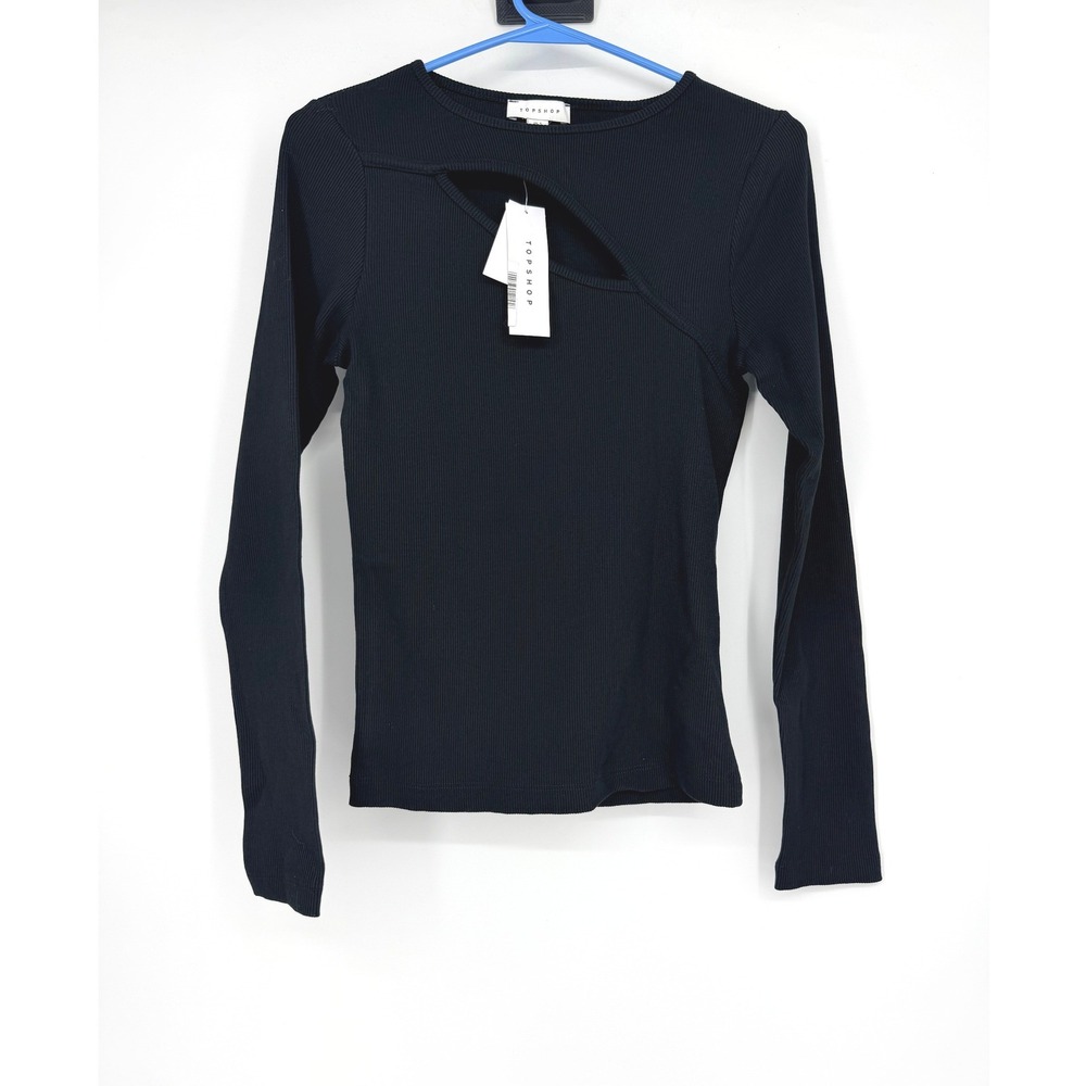 Topshop Womens Black Ribbed Long Sleeve Cutout Top‎ Size S US 4-6